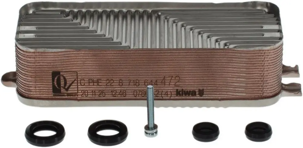 Plattenwärmetauscher mit Aluminium- und Metalloberfläche, in kompaktem Design. Enthält Montageschraube und Dichtungsringe. Hersteller: Bosch.
